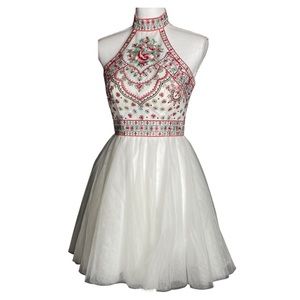 Loviera Halter Homecoming Prom Embroidered Mini Tulle Dress